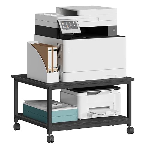 VASAGLE 2-Tier Printer Stand with Locking Wheels, Under Desk Printer Table | Industrial Mobile Cart, 23.6 x 19.7 x 13.5 Inches, Storage Shelf, for Home Office, Ebony Black, UOPS008BE01S