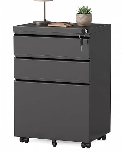 Fully Assembled 3-Drawer Mobile File Cabinet with Lock, Under Desk Storage | Fits Letter, Legal and A4 Hanging Folders; Vertical Filing Cabinet for Home Offices and Workspaces.