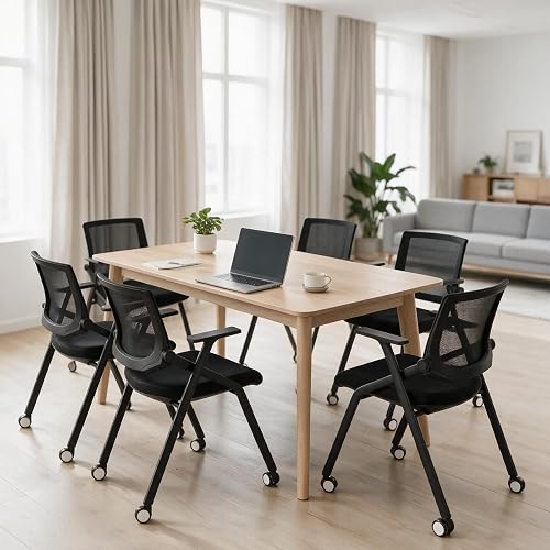 6 Pack Conference Room Chairs with Wheels and Paddle, Ergonomic Mesh Back and Arms for Meeting, Conference, Reception, Training Room & Home Office Desk Folding Chairs