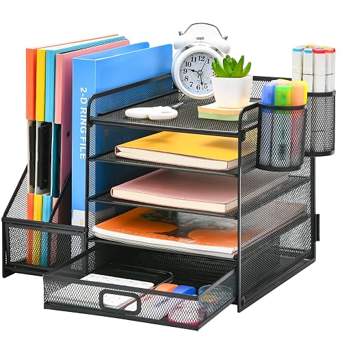 Marbrasse Desk Organizer with File Holder, 5-Tier Paper Letter Tray Organizer with Drawer and 2 Pen Holder, Mesh Desktop Organizer and Storage with Magazine Holder for Office Supplies(Black)