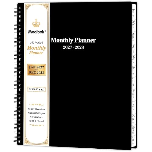 2027-2028 Monthly Planner/Calendar - Jan. 2027 - Dec. 2028, 2 Year Calendar | 9" x 11", Monthly Calendar 2027-2028, Perfect for Office & School, Spiral Bound, Back Pocket, Cardboard Cover, Black