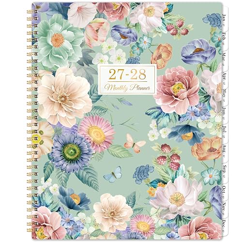 2027‑2028 Monthly Planner - 2-Year Planner 2027-2028, Jan. 2027 – Dec. 2028 | 9" × 11", Planner 24 Months with Tabs, Twin‑Wire Binding, Double‑Side Pocket,Mint‑Green Base Floral Cover for School Office
