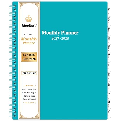 2027-2028 Monthly Planner - Monthly Calendar 2027-2028 | Two-Side Pocket, Jan2027 - Dec 2028, 9" x 11", 2 Years Planner, Cardboard Cover