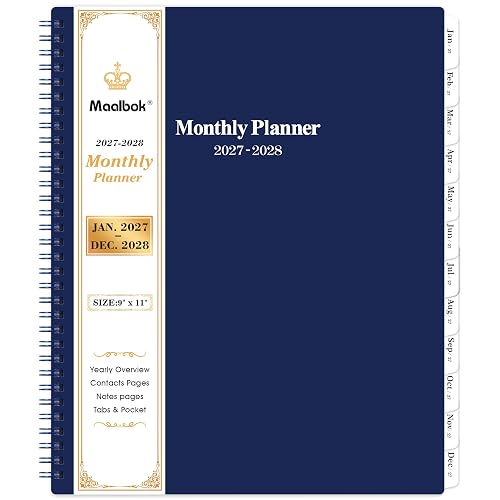 2027-2028 Monthly Planner - Monthly Calendar 2027-2028, 9" x 11" | with Two-Side Pocket, Jan 2027 - Decr 2028, 2 Years Calendar Planner, Cardboard Cover