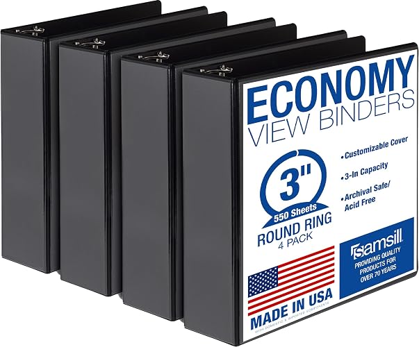Samsill 3 Inch 3 Ring Binders, Economy Round Ring, Clear View Cover, 550 Sheet Capacity - for School, Home, Office - Black, 4 Pack