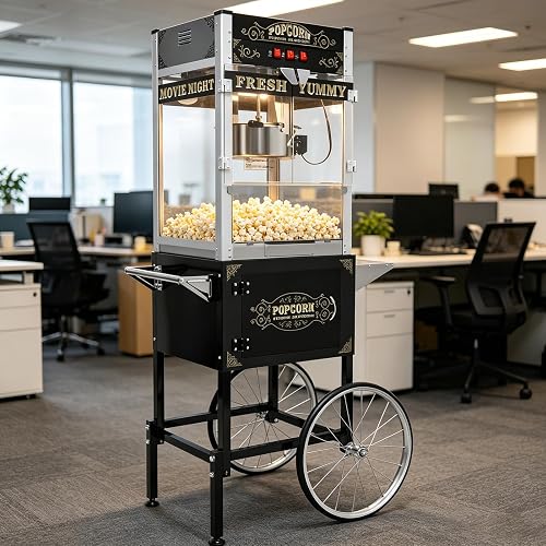 Commercial Popcorn Machine with Cart - 32OZ Kettle Popcorn Makers With Heating Stainless Steel Pot 3-Switch Control for Business, Corporate, School, Institutional, Theater, Carnival, Church, Black