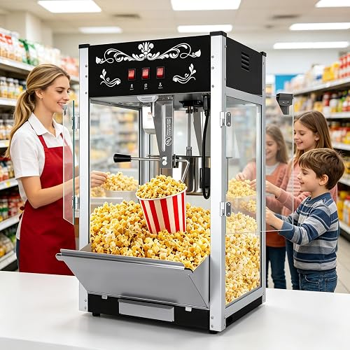 Commercial Popcorn Machine With 24 OZ Kettle for Theater Style, Black | Countertop Popcorn Machine Stainless Steel, 3-Switch Control, for Home, Movie Night, Parties, Office, School, Business