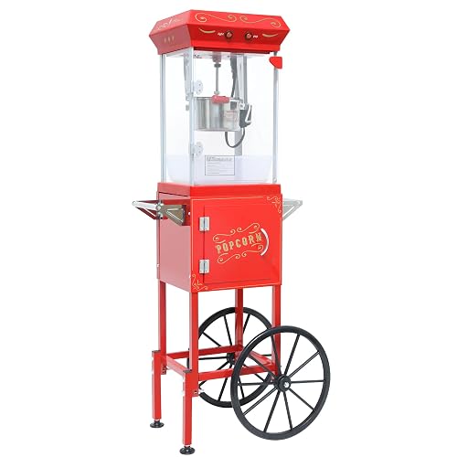 Popcorn Machine with Cart & Wheels - 9OZ Stainless Steel Kettle, Storage Cabinet, Popcorn Maker Machine for Home, Parties, Office, School, Business, Movie Night, Christmas, Red