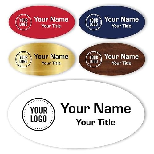 904 Custom Name Tag Badge w/Logo, Oval, 1.5x3, Magnet/Pin Backing | Personalized & engraved for lasting impressions; ideal for employees & business use | Up to 2 Lines of Text |