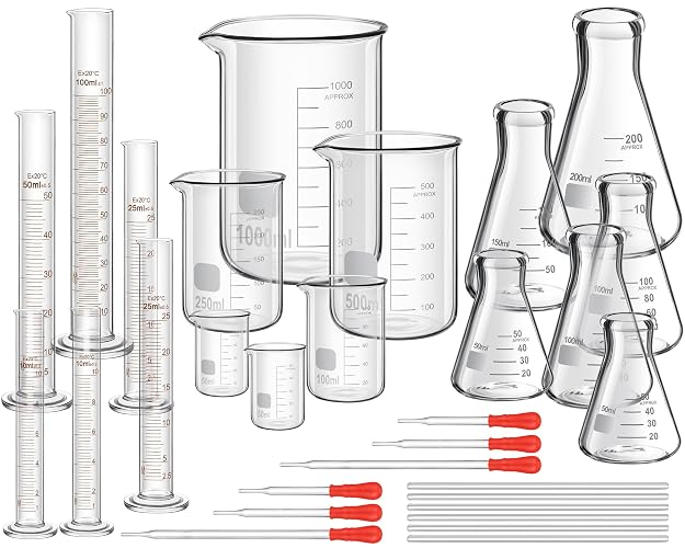 Frienda 30 Pcs 50/100/250/500/1000ml Lab Glassware Beaker Set | Laboratory Equipment, Glass Measuring Beaker, Graduated Measuring Cylinder with Stirring Rod for Science Chemistry Supplies