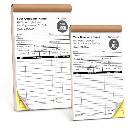 Custom Sales Invoice Personalized Duplicate Carbonless Form with Business | Custom invoice and receipt book, 2-part duplicate forms, small business, shop, field service, contractor