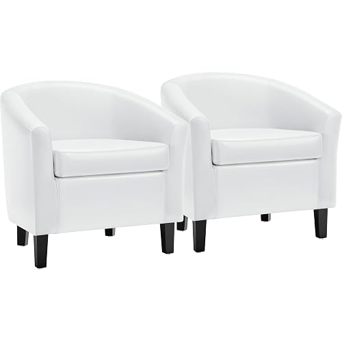 Yaheetech Accent Chairs Set of 2, Faux Leather Barrel Armchairs White | Water-resistant Faux Leather Chairs with High-density Foam and Solid Wood Legs for Living Room, Waiting Room, Small Space