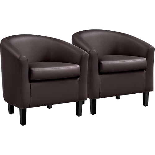 Yaheetech Accent Chairs Set of 2, Faux Leather Barrel Armchairs Espresso | Water-resistant Faux Leather Chairs with High-density Foam and Solid Wood Legs for Living Room, Waiting Room, Small Space