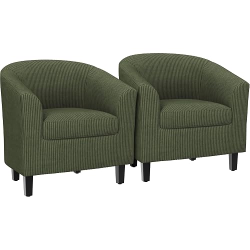 Yaheetech Accent Chairs Set of 2, Corduroy Barrel Armchairs Dark Green | Armrest Club Chairs with High-density Foam and Solid Wood Legs for Living Room, Waiting Room, Small Space