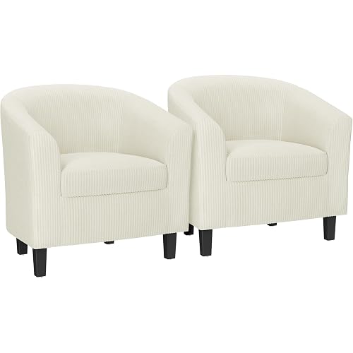 Yaheetech Accent Chairs Set of 2, Corduroy Barrel Armchairs Beige | Armrest Club Chairs with High-density Foam and Solid Wood Legs for Living Room, Waiting Room, Small Space