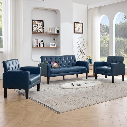 62'' Blue Leather Loveseat Sofa Set with Chairs, 3-Piece Living Room Sets | Leather Sofa and Chair Set, Loveseat Couch with 2 USB Ports and Cupholders, Comfy Furniture for Apartment Office, Blue