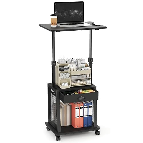 Height Adjustable Standing Desk with Wheels,Mobile Sit Stand Up Desk with Drawer,Rolling Laptop Computer Desk with storage,Portable Podium Teacher Stand Desk,Narrow Walking Pad Desk for Home Office