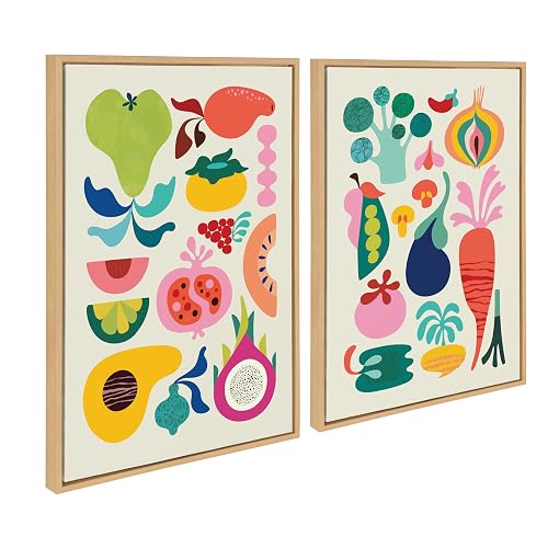 Kate and Laurel Sylvie Modern Fruits and Modern Veggies Framed Canvas Wall Art Set by Rachel Lee, 2 Piece Set 23x33 Natural