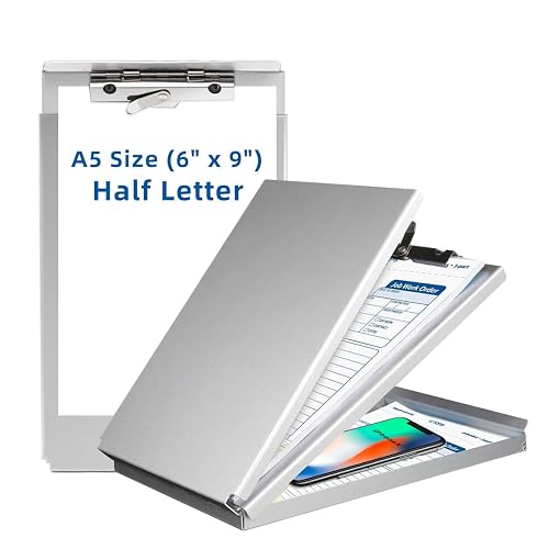 Sunnyclip Aluminum Clipboard with Storage(Memo Size), Recycled Metal Form Holder Binder Fits Paper Size up to 5.66 x 9.5 inches, A5 Size
