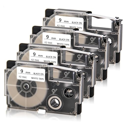 Absonic 4-Pack Compatible for Casio Label Maker Tape 9mm XR-9WE XR-9WE2S | XR9WE2S 9mm Black on White Label It for KL-120 KL-60 KL-100 KL-750 KL750B KL-780 KL820 KL7000 KL7200 Label Maker, 3/8" x 26'