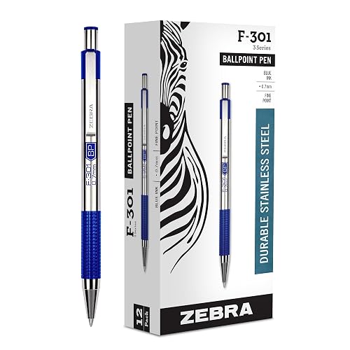 Zebra Pen STEEL F-301 Retractable Ballpoint Pen, Blue Ink, 0.7mm, 12-Pack | Stainless Steel Barrel, Non-Slip Grip, Easy-Glide Ink, Fine Point, Professional Design, Ideal for Journals & Planners (27120)