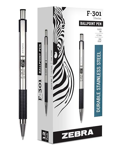 Zebra Pen F-301 Ballpoint Black Ink Fine Point 0.7mm Pen, Easy-Glide Ink, Stainless Steel Retractable, Non-Slip Grip, Professional Design, Ideal for Office, Journal&Planner Use, (27110) (Pack of 1152)