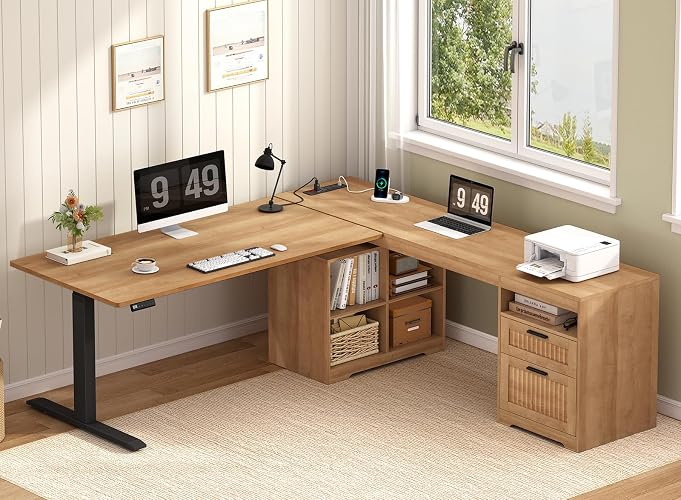YOMILUVE 66 inch Fluted L Shaped Standing Desk with Storage for Home Office | Corner Electric Standing Desk with Drawers ＆ Storage Shelves, Height Adjustable Computer Desk with Power Outlets, Oak
