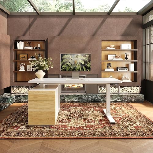 FLEXISPOT 55" Executive Standing Desk with Drawers & CPU Cabinet, White | Multi-Monitor Workspace, Dual Motor Lift & 222 LBS Capacity, 1" Thick Desktop, Home Office (White, 3 Packages)
