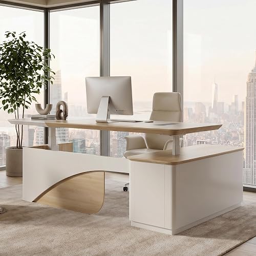 86" L Shaped Adjustable Height Executive Desk with Drawers and Cabinet | White Electric Stand Up Desk with LED, Functions 4-Preset Memory, Power Outlets, 2.36" Thickened Desktop for Office
