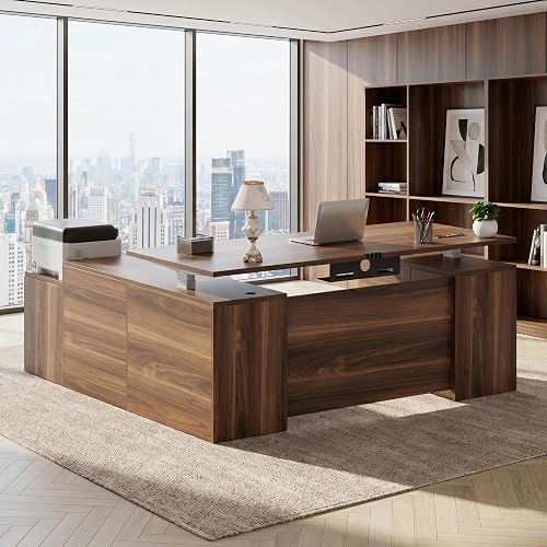 71" Electric L Shaped Executive Standing Desk with File Cabinet Outlet USB | Height Adjustable Executive Office Desk with Privacy Panel, Sit-Stand Workstation for Boss Managers Office Home