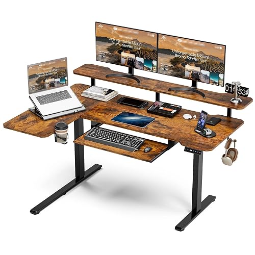 Acrolix 59" L Shaped Standing Desk with Shelves Keyboard Tray,Rustic Brown | 176 lbs Capacity, 28.3-46.4" Height,3 Memory Presets,Quiet < 45dB Motor,Reversible Corner,Cable Management,Home Office Gaming