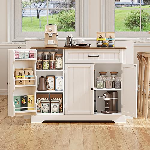 Gizoon Kitchen Coffee Bar Cabinet with Storage, White and Rustic | Kitchen Sideboard Buffet Cabinet with Drawers, Short Pantry with Door and Shelves for Bathroom and Living Room