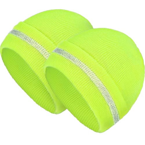 Geyoga 2 Pack Reflective Beanie Hats, High Visibility | Safety Hat with Reflective Strip for Night Running, Outdoor Work, Cycling, Warm and Knit Design for Roadside Workers, Joggers