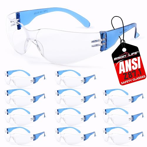 BISON LIFE Clear/Blue Safety Glasses for Men & Women, ANSI Z87.1, 12 Pack | Scratch & Impact Resistant Wraparound Safety Goggles, UV Protection Eyewear for Work, Construction, Lab, Industrial