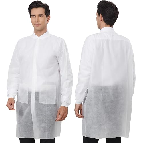 Greenour Disposable Lab Coats 10-Pack White 3 Pockets Knitted Cuffs S-2XL | Tear-resistant Non-woven Fabric, 3 Deep Pockets, Knitted Cuffs & Collar, Ideal for Labs, Schools, Workplaces