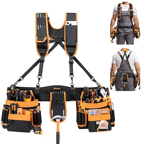 AUROPEAK Carpenter Tool Belt, 33-Pocket Suspenders Set, 33-48 in, Orange | 5-piece 1200D Oxford set with removable pouches for carpentry and construction work, for electricians and contractors