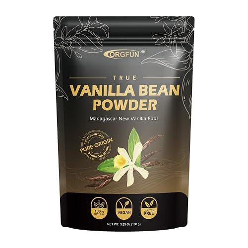 ORGFUN Vanilla Bean Powder 3.53 Oz, Native Ground Madagascar Vanilla Powder Pure Natural No Fillers or Additives Great for Baking, Desserts, Coffee Vegan Gluten Free 100G