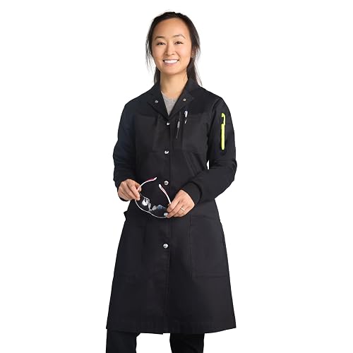 The Lab Coat Project: 100% Cotton Chemistry Women's 6-Pocket Long Fitted | White & Black Premium 100% Cotton Women Lab Coat, 6 Pocket Safety Howie Design, Science-Chem Labs, Students to Professionals