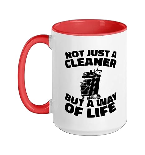 Cleaner Housekeeping Janitorial - Sanitation Cleaner Ceramic Mug, Red/White, 15oz