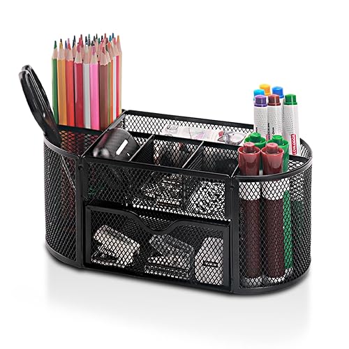 Comix Mesh Pen Holder, Desk Organizer for Home Office, Black | 8 Compartment Pencil Holder with drawers, Sticky Notes Holder, Pen Organizer Office Supplies
