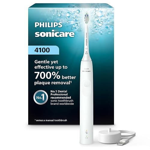 Philips Sonicare 4100 Rechargeable Electric Toothbrush, 1 Brush Head, White | 700% More Plaque Removal¹, Pressure Sensor, 2 Brush Settings, 2-Minute Guided Timer, 14-Day Battery, HX3681/23