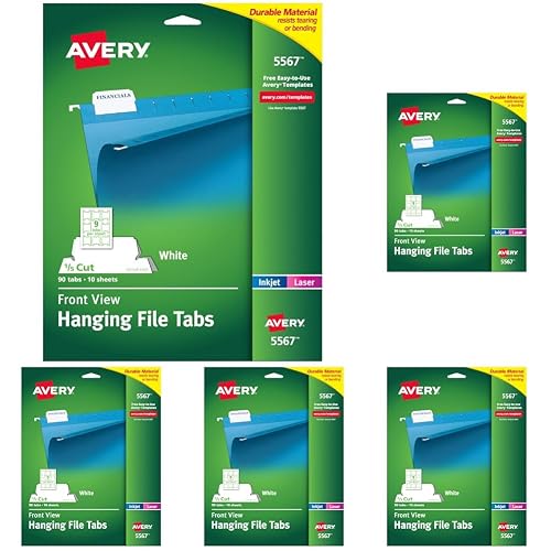 Avery® Printable Hanging File Folder Tabs, 1/5 Cut, White, 90 Total (5567) (Pack of 5)
