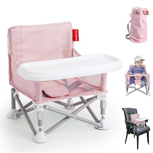 Tiny Marvels Baby Chair, Portable High Chair for Travel & Beach, Ages 6M-3Y | 3-in-1 Floor Seat, Travel High Chair, Booster Seat with Removable Tray, Indoor/Outdoor, Harness, Carry Bag, Pink