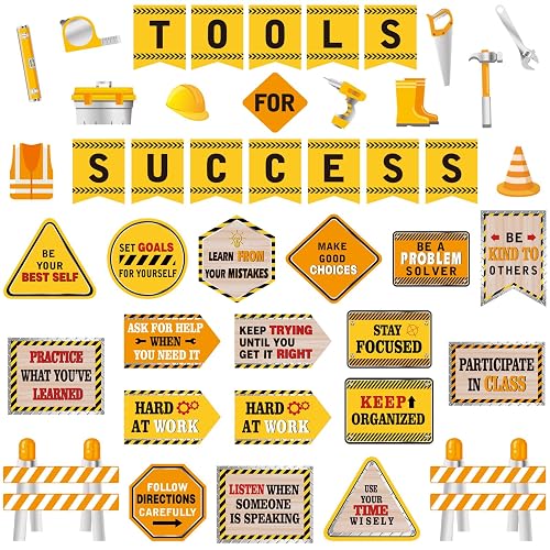 Outus 47 Pcs Construction Bulletin Board Set Construction Cutouts Tools for Success Classroom Decorations for Kid Students Back to School Gifts Birthday Party Supplies