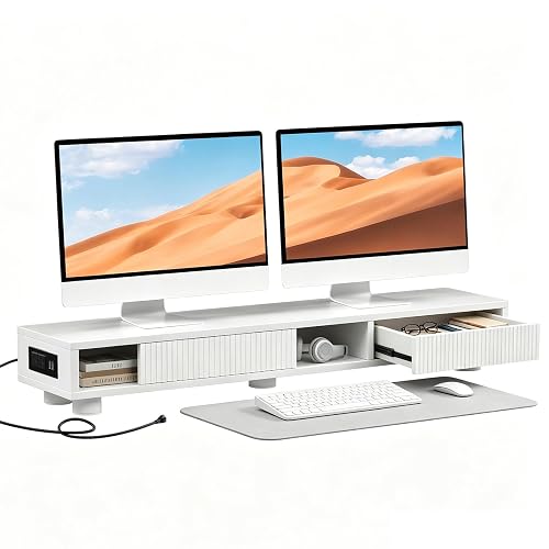 Artswish 42" White Dual Monitor Stand with Power Outlet & Storage Drawer | 42" Monitor Riser for Home Office, Built-In Power Outlet, Hidden Storage & Darwer, Adjustable Height