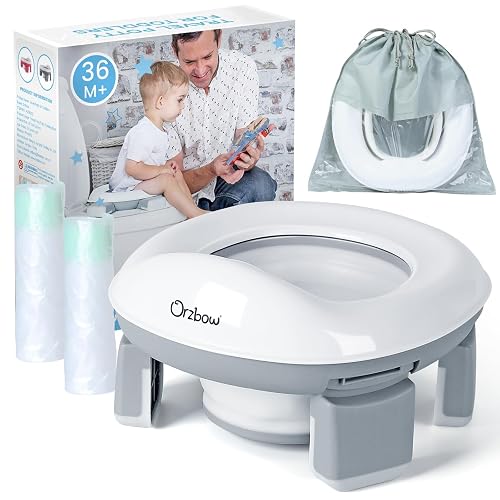 Orzbow Portable Potty Training Chair for Toddler, Travel Emergency Toilet | On-The-Go Collapsible Toilet Seat, Splash Guard for 18+ Month Kids, Includes Free Carry Bag and 40 Liners, Indoor/Outdoor Use