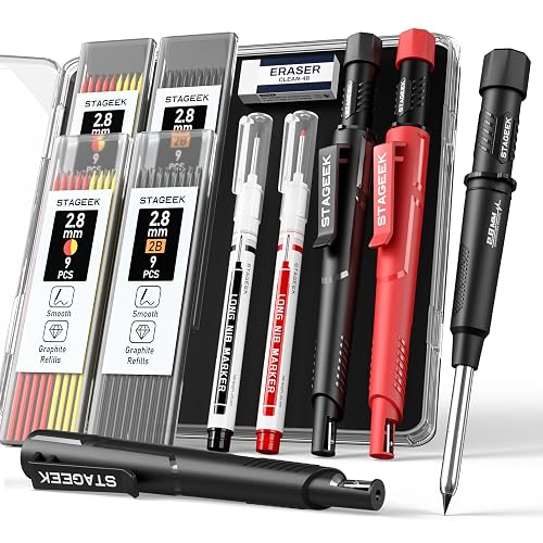 STAGEEK 2.8mm Mechanical Carpenter Pencils with Sharpener, 2 Pack | 38 Refills, Construction Pencil Heavy Duty Woodworking Tools, Waterproof Deep Hole Long Nib Marker Pens for Architect Marking