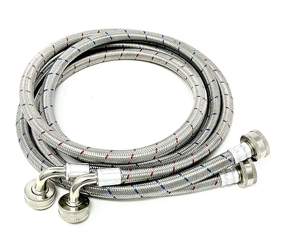 2-Pack Premium Stainless Steel Washing Machine Hoses - 8 FT No-Lead Burst Proof Red and Blue Lined Water Inlet Supply Lines - Universal 90 Degree Elbow Connection - 10 Year Warranty