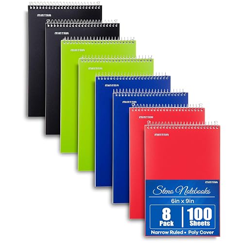 Mintra Office Steno Books Set - Top-Spiral Bound, Narrow Ruled, 100 White Sheets, Poly Primary Color Covered Notebooks for Office, Professional, School & Work, Note-taking, Writing Pads, 6"x9", 8 Pack