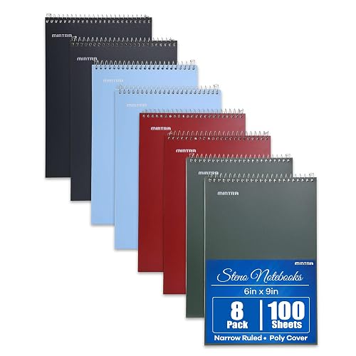 Mintra Office Steno Books Set - Top-Spiral Bound, Narrow Ruled, 100 White Tint Sheets, Poly Covered Notebooks for Office & School, Colorful Arctic Ice, Green Olive, Charcoal, Chili Oil, 6"x9", 8 Pack